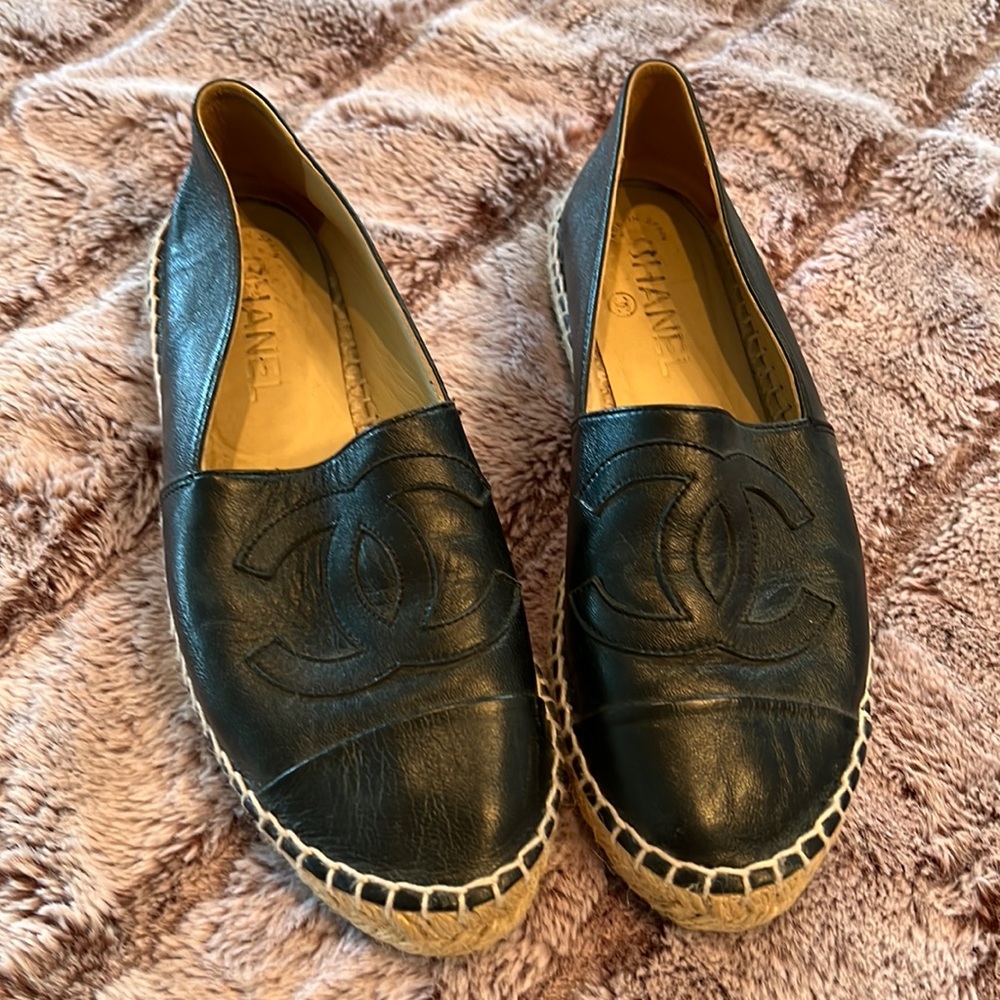CHANEL Black Leather Espadrilles with Embossed CC